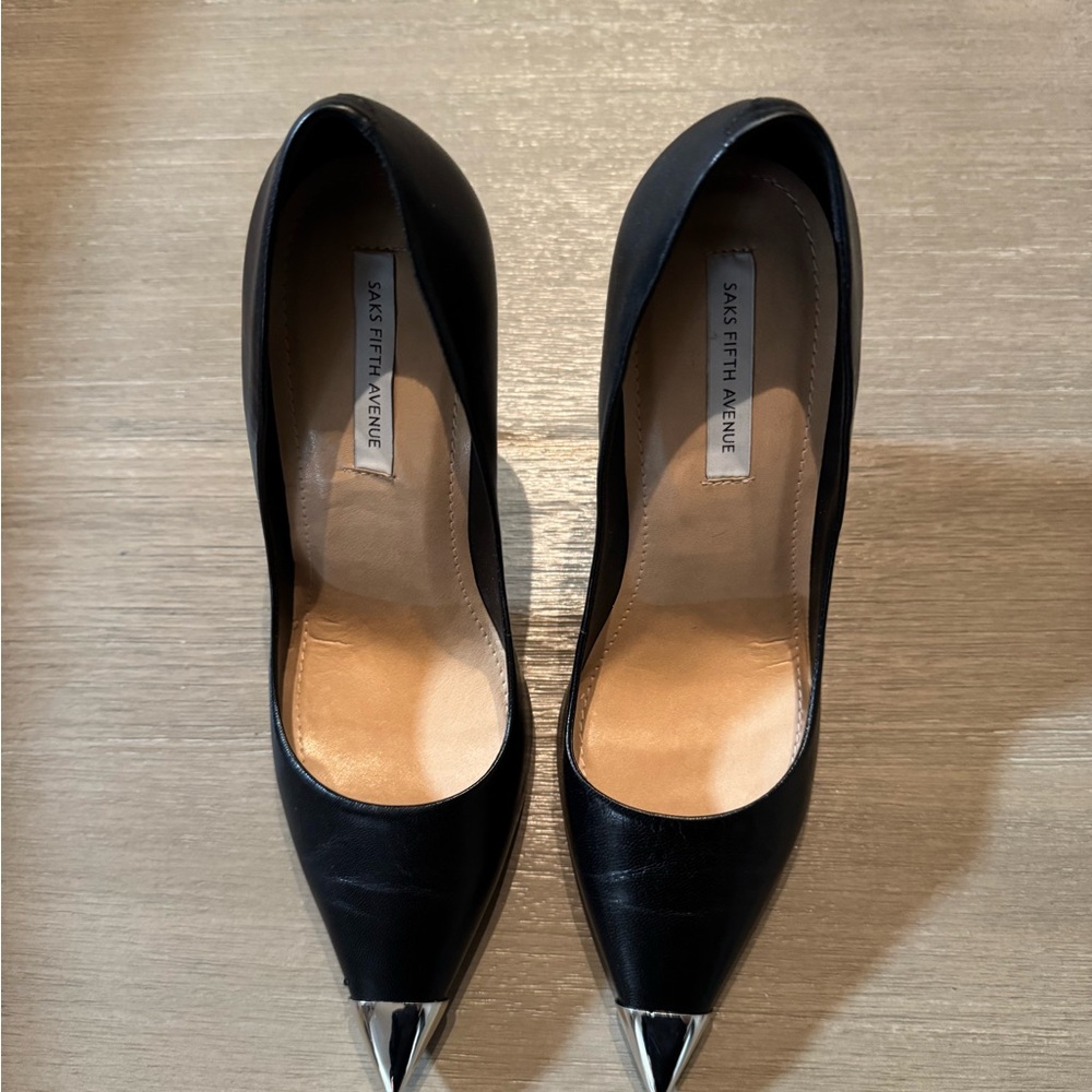 Saks Fifth Avenue Black Heels with Silver Accents - Picture 2 of 6